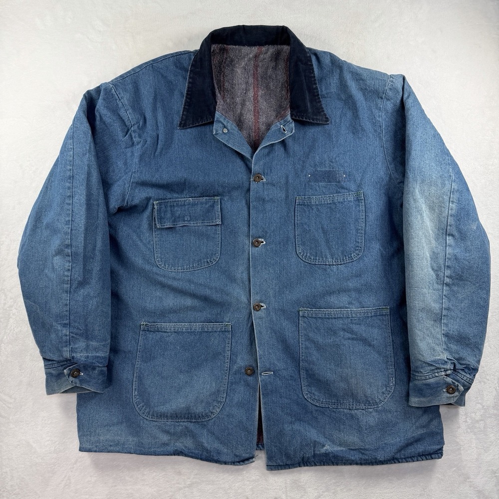 Vtg 70s Sears Chore Jacket Mens XL Denim Blanket Lined Workwear Barn Coat Patch